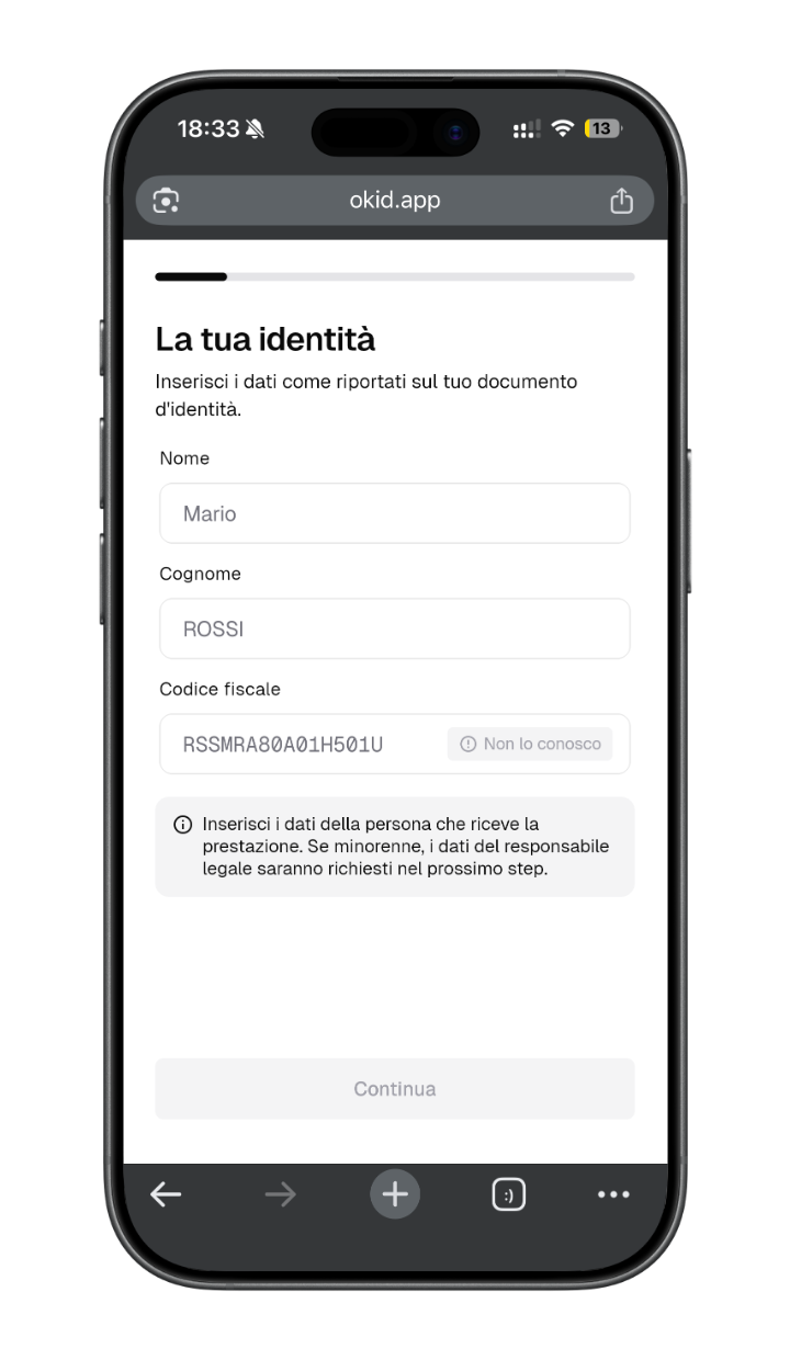 Il cliente compila e firma il consenso informato su okid.app dal suo smartphone