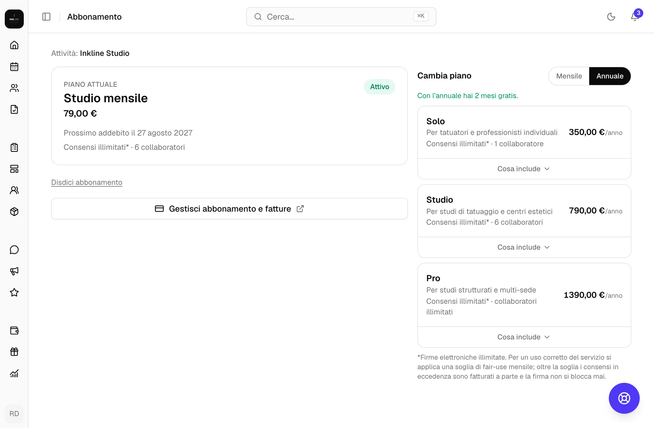 La pagina Abbonamento con il piano attuale e il cambio piano