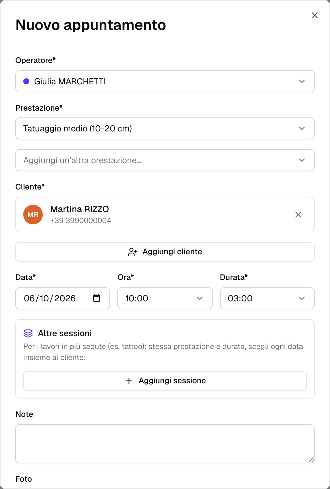La finestra Nuovo appuntamento compilata: operatore, prestazione, cliente, data, ora e durata