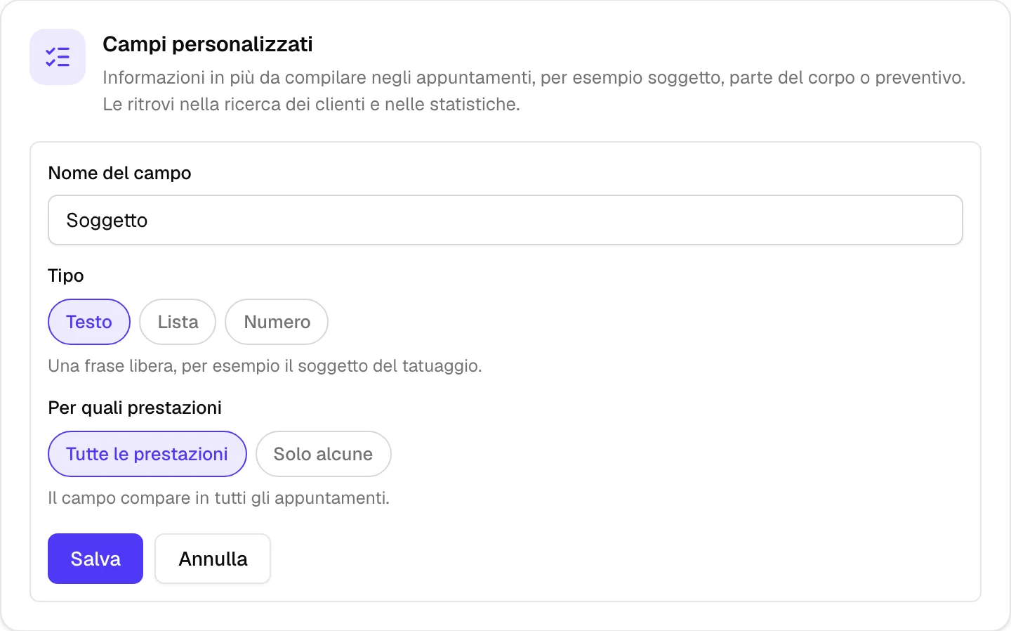 La carta Campi personalizzati con un nuovo campo di tipo Testo