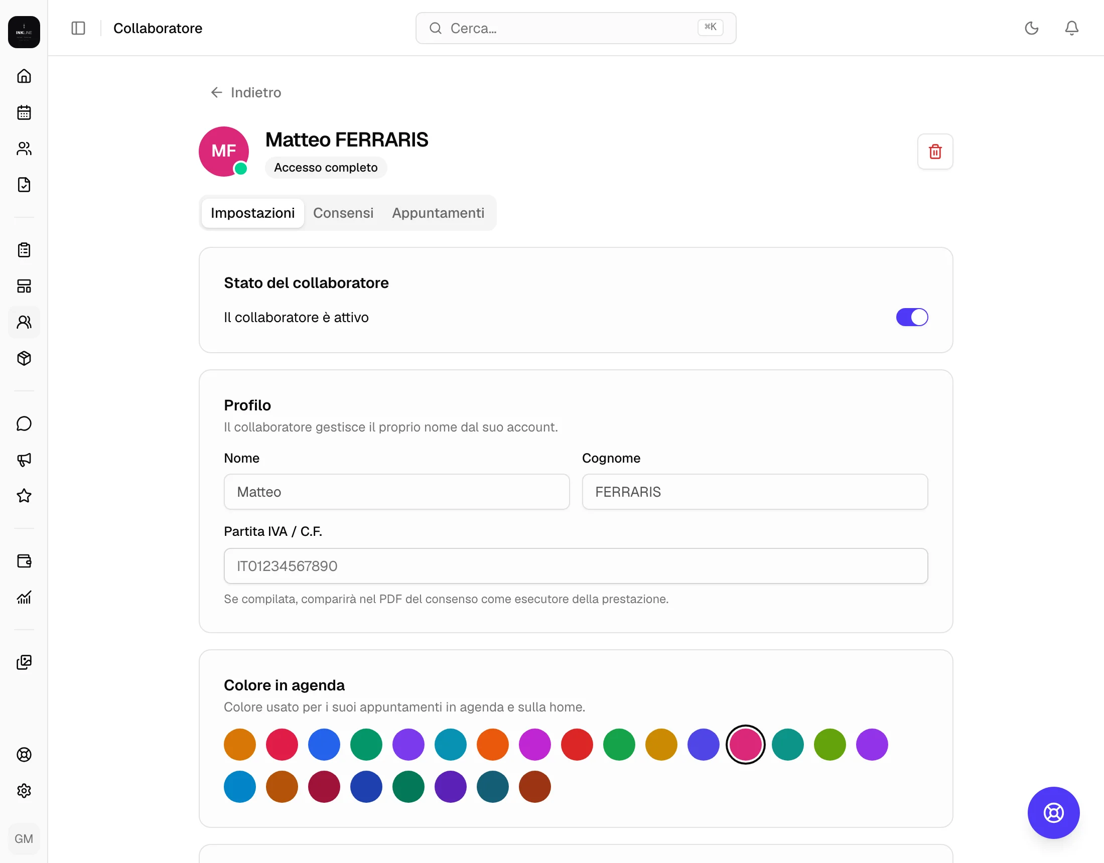 La scheda di un collaboratore, sezione Impostazioni
