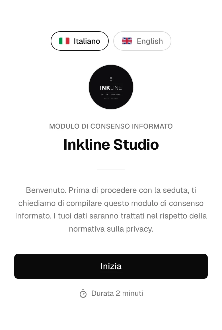 La pagina iniziale del modulo di consenso, sul telefono del cliente