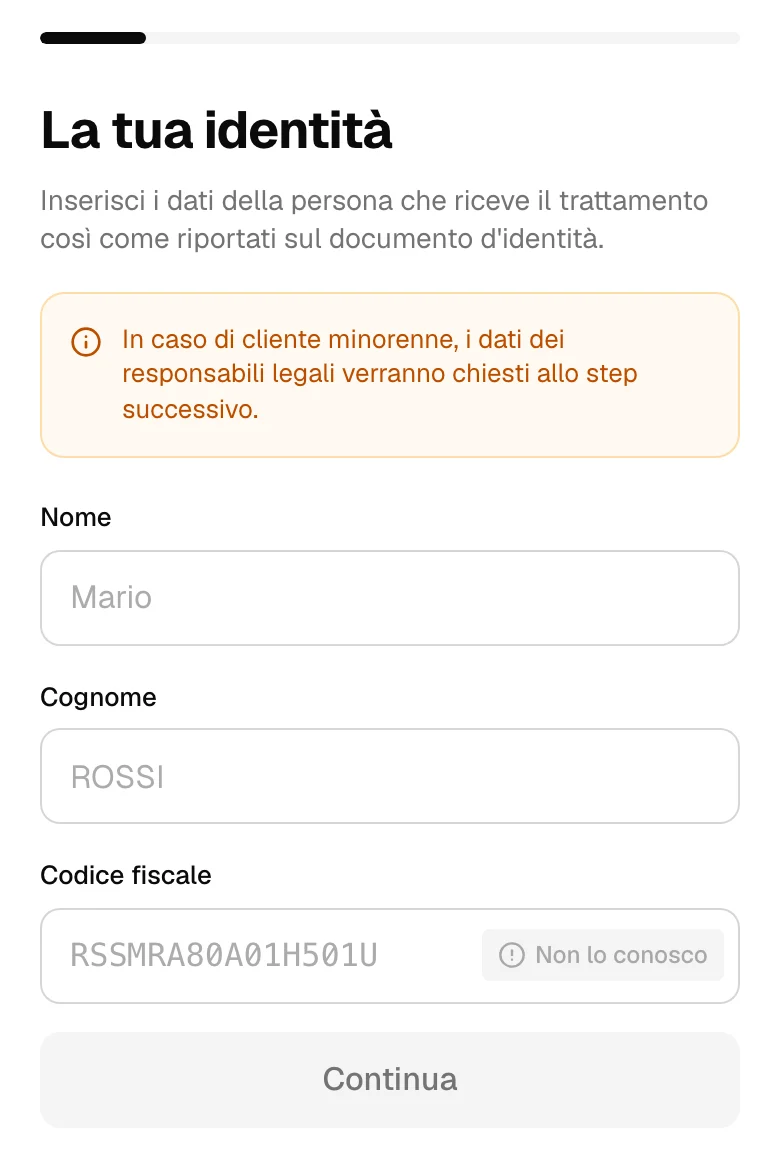 Il primo passaggio del modulo: nome, cognome e codice fiscale