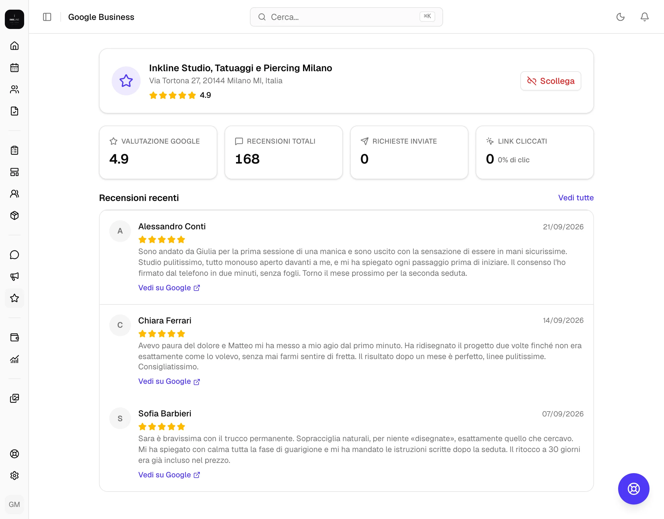 La pagina Google Business con valutazione, recensioni e richieste inviate