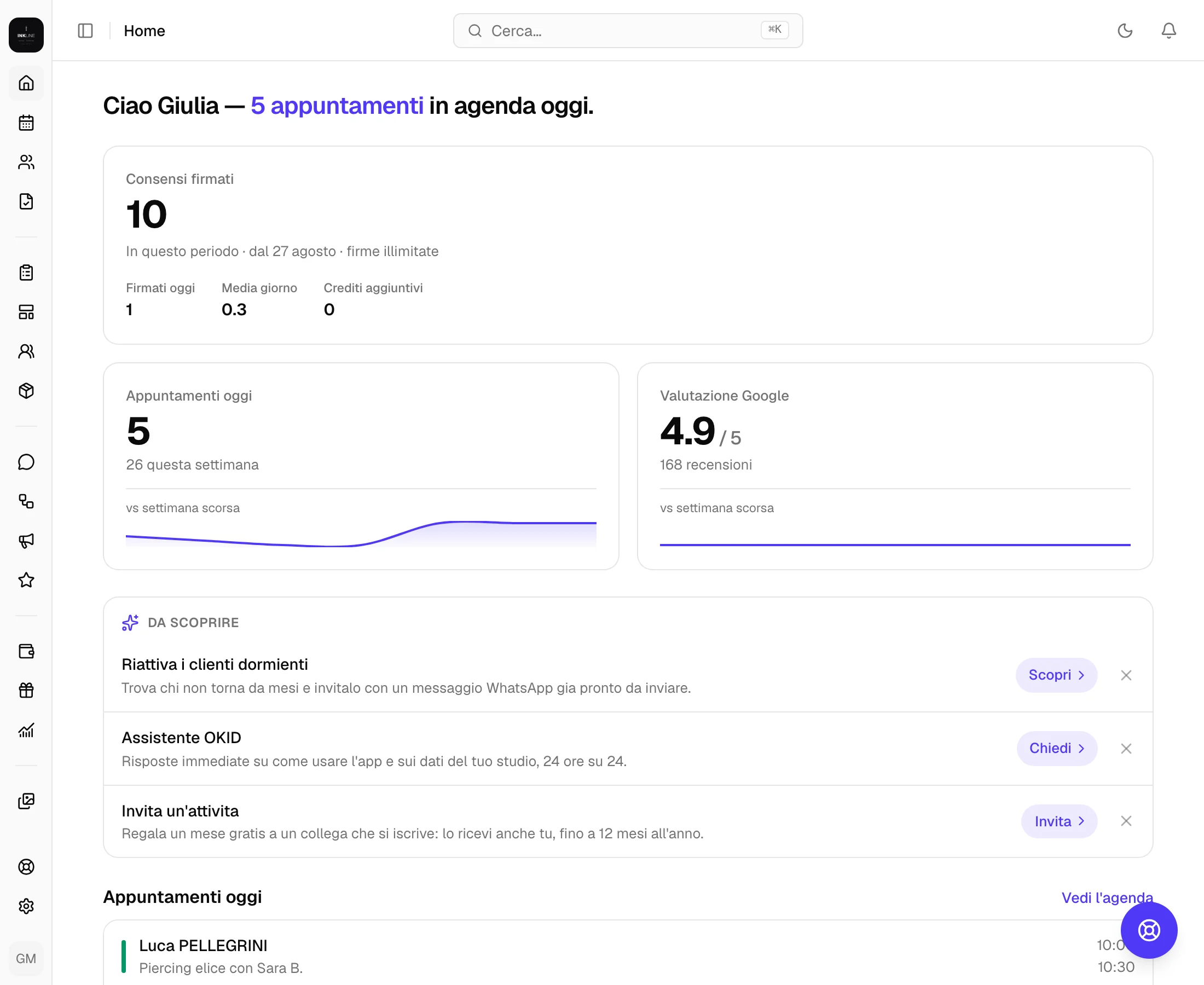 La Home su computer: consensi firmati, appuntamenti di oggi e valutazione Google