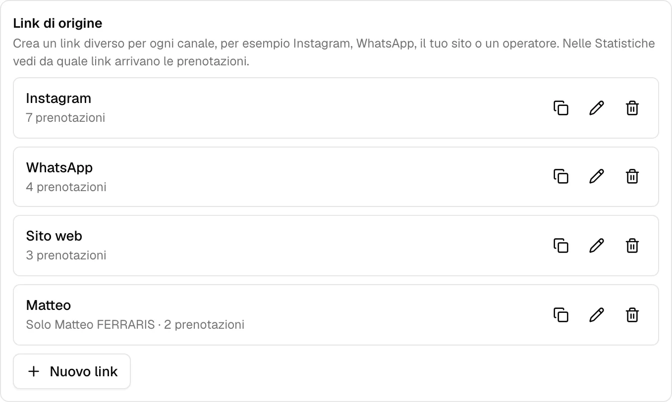 La carta Link di origine con i link Instagram, WhatsApp, Sito web e di un operatore