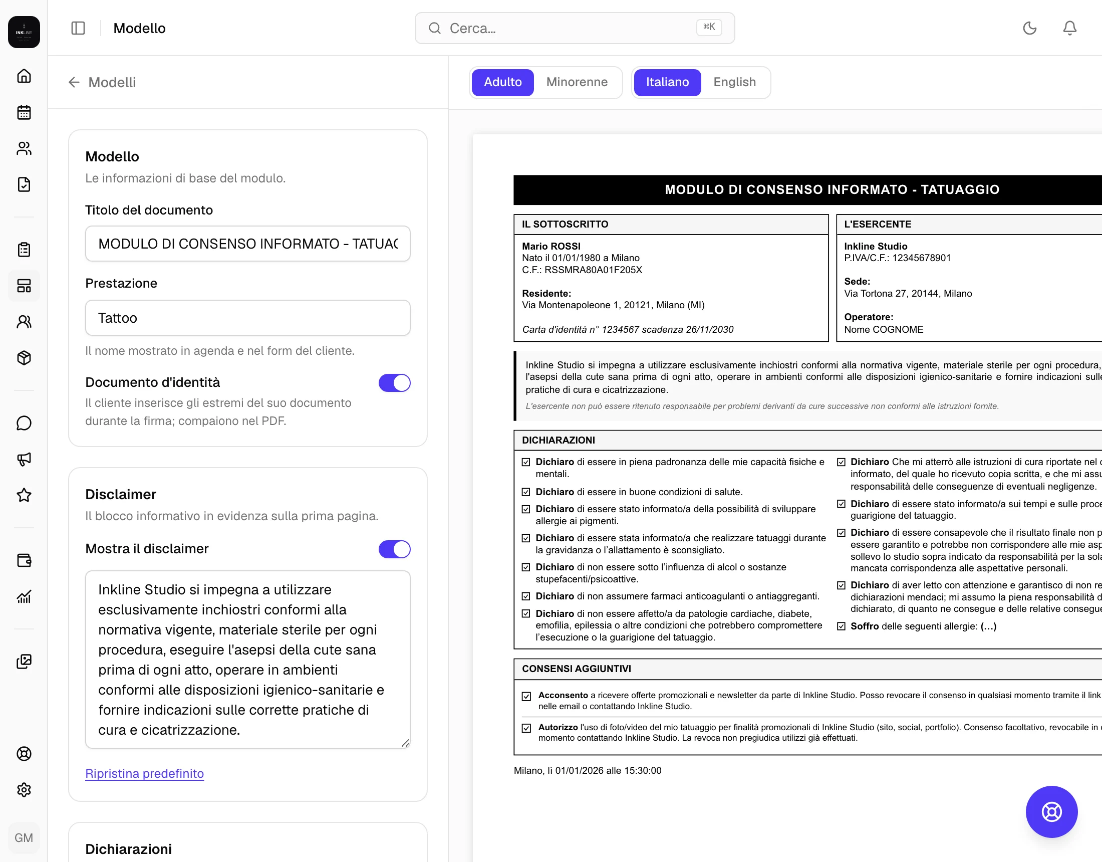 L’editor di un modello di consenso con l’anteprima del PDF