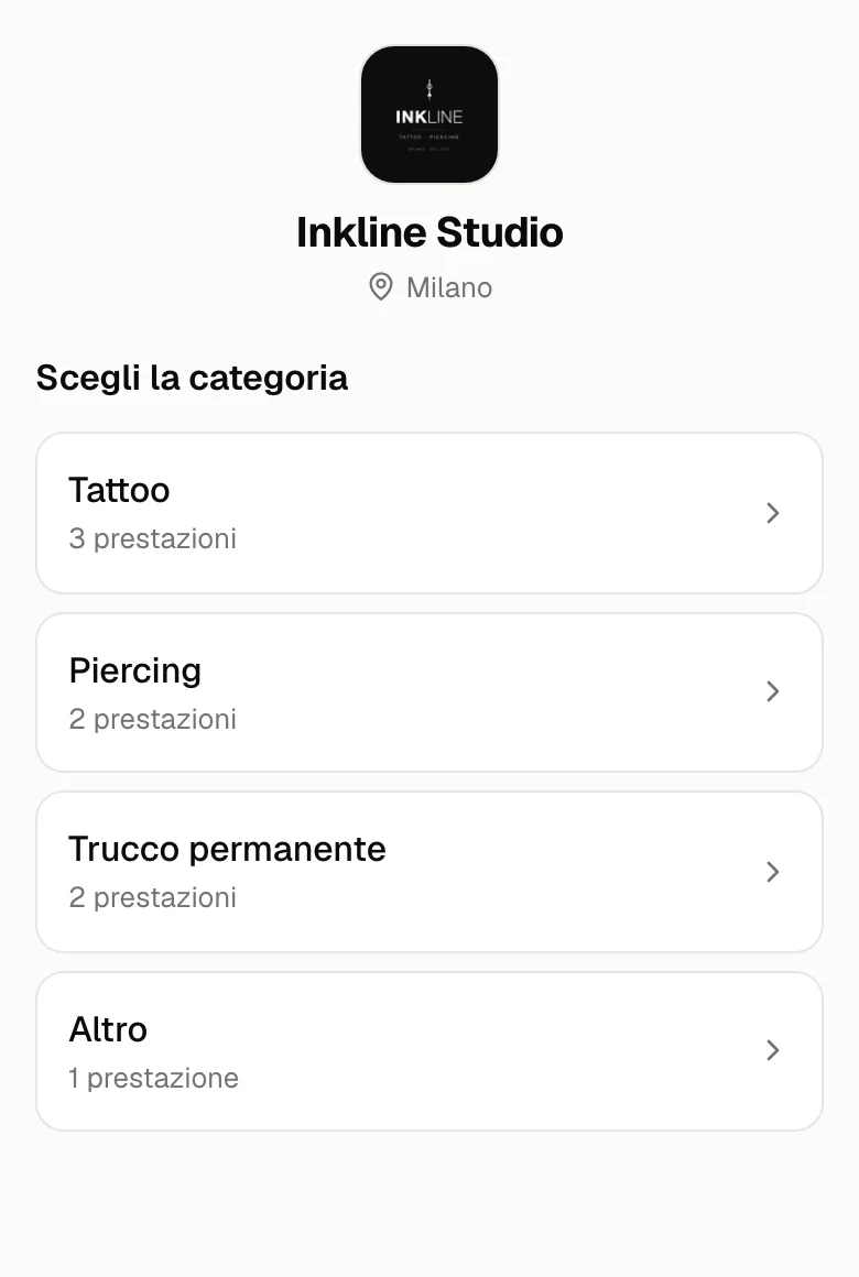 La pagina di prenotazione di uno studio: scelta della categoria