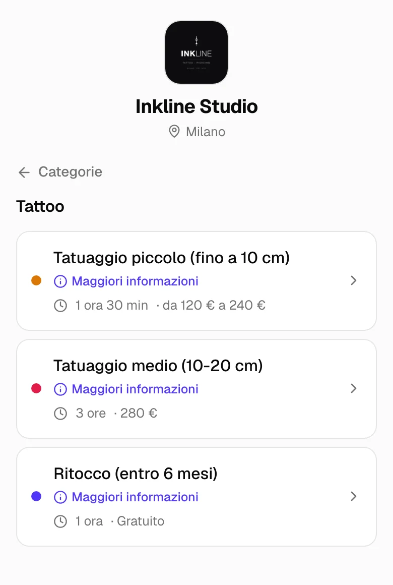 La pagina di prenotazione: le prestazioni di una categoria, con durata e prezzo